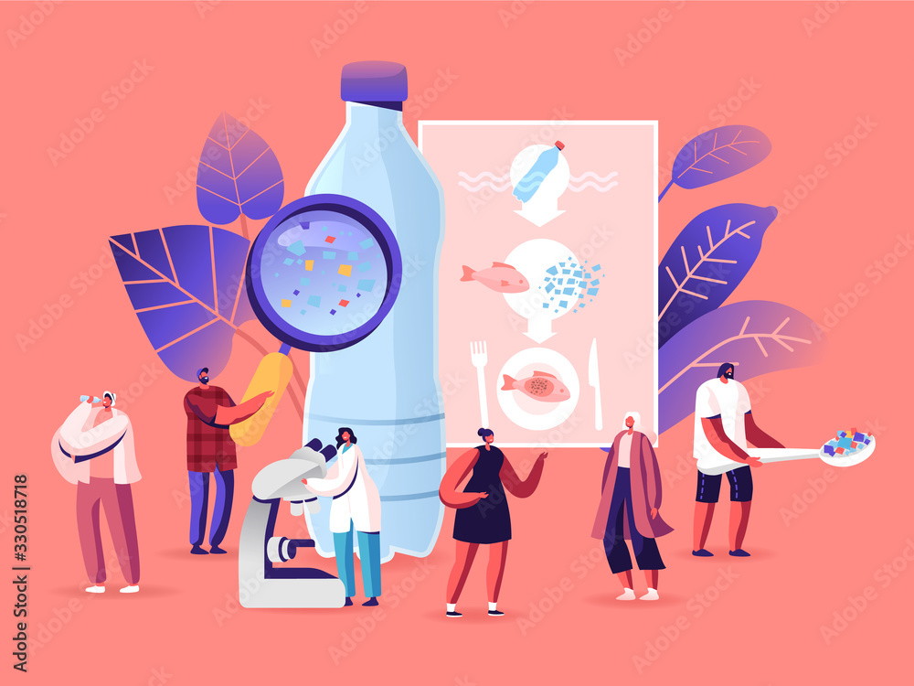 Microplastic in Water and Food. Global Ocean Pollution. Ecological Problem. Dangerous Additives. Male Female Tiny Characters with Microscope and Magnifying Glass. Cartoon People Vector Illustration - obrazy, fototapety, plakaty 