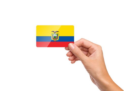 Beautiful hand holding Ecuador flag card on white background
