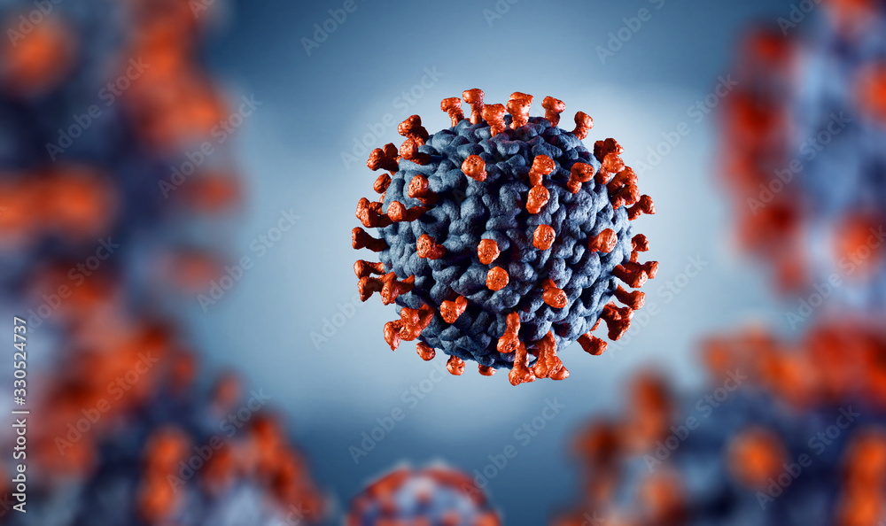 3D illustration of corona virus coronavirus COVID-2019 in microscope - obrazy, fototapety, plakaty 