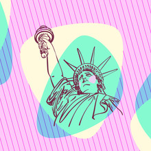 Sketch Of Statue Of Liberty New York City USA, Head With Hand Raised Up On Aqua Menthe And Pink Color Abstract Streamlined Shapes On Striped Square Background. Hand Drawn Vector Illustration