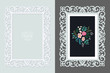 Laser cut lace rectangular frame, vector template. Ornamental cutout photo frame with pattern. Vintage background with rose embroidery inside the cut out frame.