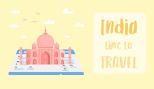 Indian World Famous Landmark Vector Banner Layout. Taj Mahal On Boarding Pass Cartoon Illustration. Agra Architecture Flat Drawing. Travel Agency Poster With Lettering. Sightseeing Tour
