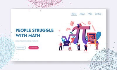Math Science Landing Page Template. Tiny Students Characters in Lab or School Class Learning Mathematics at Huge Sign Pi. People Gaining Education and Writing Formulas. Cartoon Vector Illustration