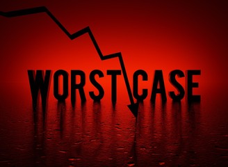 Poster - Worst Case text word and red crashing arrow, conceptual dark-red background 3D render