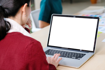 Laptop computer screen mockup, template background, Woman typing laptop computer with blank screen at coworking space, office, Business online, e commerce, online education learning concept