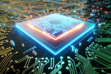 3D Render CPU Technological Background. Concept Circuit Board With Computer Central Processing Unit. Digital Chip Integrated Communication Processor. Copy Space.
