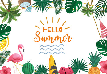 Wall Mural - Collection of summer background set with fruit,flamingo,coconut tree.Editable vector illustration for New year invitation,postcard and website banner