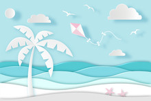 Sea Landscape With Beach, Palm, Waves, Clouds And Birds. Paper Cut Digital Craft Style. Carving Art. Vector Illustration