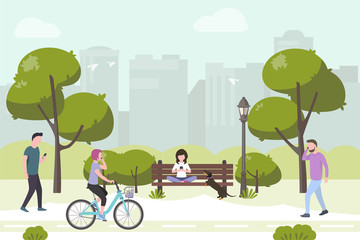 people walking on the urban park using smartphones. stock vector. people and mobile technology flat 