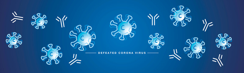 Defeated Corona virus line design white antibody signs blue background banner