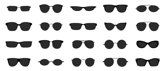 Wall Mural - Sunglasses icon set. Black glasses optic frames silhouette. Sun lens ocular with plastic rims. Vector illustration stylish isolated objects on white