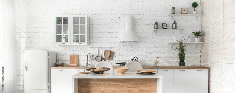 Modern stylish Scandinavian kitchen interior with kitchen accessories. - obrazy, fototapety, plakaty 