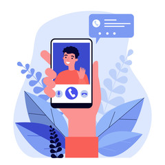 Person holding smartphone and calling via video chat mobile app flat vector illustration. Cute man waving by hand from telephone screen. Digital technology and communication concept.