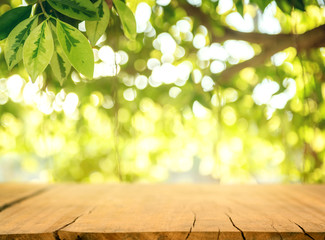 Wall Mural - Wooden table and blurred spring background. Spring concept with green nature outdoor.