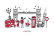 Vector modern illustration symbols of London, the UK. Famous British attractions in panoramic composition in the simple minimalistic style. Horizontal skyline banner or souvenir print design. 