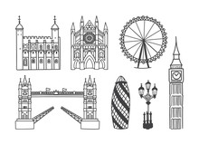 Set Of Vector Clip Art Architecture Of London, The UK. Outline Illustrations Of Westminster Abbey, The Tower Bridge, The Tower Of London, And Other Buildings Hand Drawn Doodle Object Isolated On White