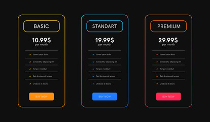 Collection of pricing plans for app and website. Tables with tariffs. Ui colums, web elements.