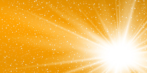 Wall Mural - Rays yellow background. Gold sunny sky. Heat sunburs, hot weather. Sunshine orange sky. White warm sunlight. Bright golden solar sunrise, summer template. Lens optic effect. Vector illustration