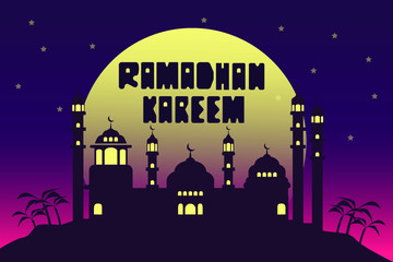 Ramadhan Kareem Illustration, With Mosque Silhouette, Full Moon, Beautiful Background