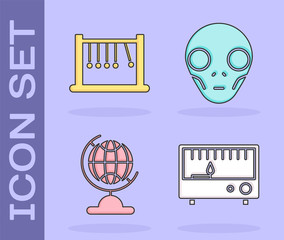 Sticker - Set Electrical measuring instruments, Pendulum, Earth globe and Extraterrestrial alien face icon. Vector