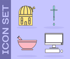 Canvas Print - Set Computer monitor with keyboard and mouse, Astronomical observatory, Mortar and pestle and Pipette icon. Vector