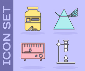 Poster - Set Glass test tube flask on fire heater, Medicine bottle and pills, Electrical measuring instruments and Light rays in prism icon. Vector