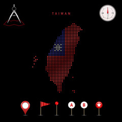 Dotted vector map of Taiwan painted in the national flag colors. Waving flag effect. Map tools icon set