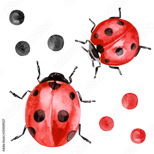 Watercolor illustration of ladybug in red color with black ink spots Poster Mural XXL