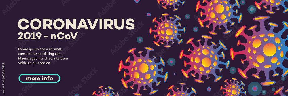 Coronavirus banner with bacteria - global pandemic concept. Novel coronavirus 2019-nCoV background. Virus Infection. Medical wallpaper. Quarantine illustration. Vector 10 eps - obrazy, fototapety, plakaty 