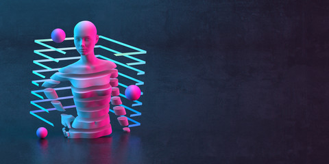 Wall Mural - 3d-illustration of an abstract composition of mannequin and primitive objects on dark background