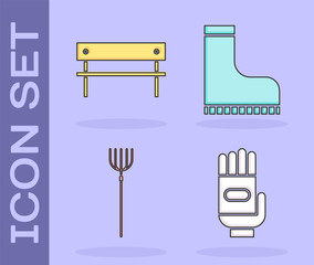 Wall Mural - Set Garden gloves, Bench, Garden pitchfork and Waterproof rubber boot icon. Vector