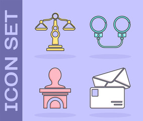 Poster - Set Envelope, Scales of justice, Stage stand or debate podium rostrum and Handcuffs icon. Vector