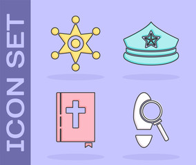 Sticker - Set Magnifying glass with footsteps, Hexagram sheriff, Holy bible book and Police cap with cockade icon. Vector