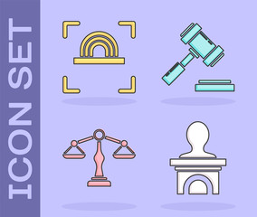 Sticker - Set Stage stand or debate podium rostrum, Fingerprint, Scales of justice and Judge gavel icon. Vector