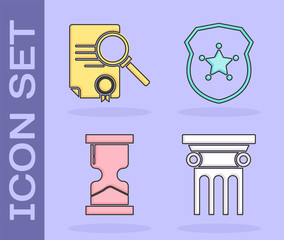 Poster - Set Law pillar, Document with search, Old hourglass and Police badge icon. Vector