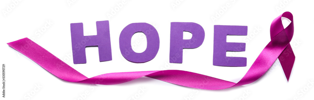 Violet ribbon and word HOPE on white background. Domestic violence concept
