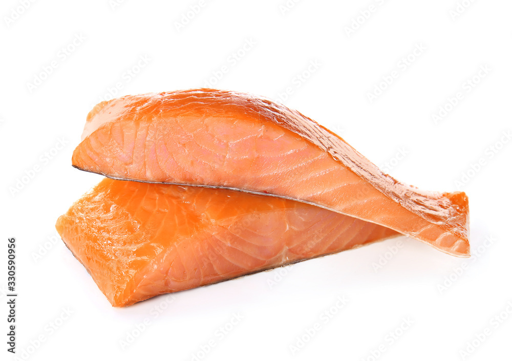 Raw salmon fillet on white background