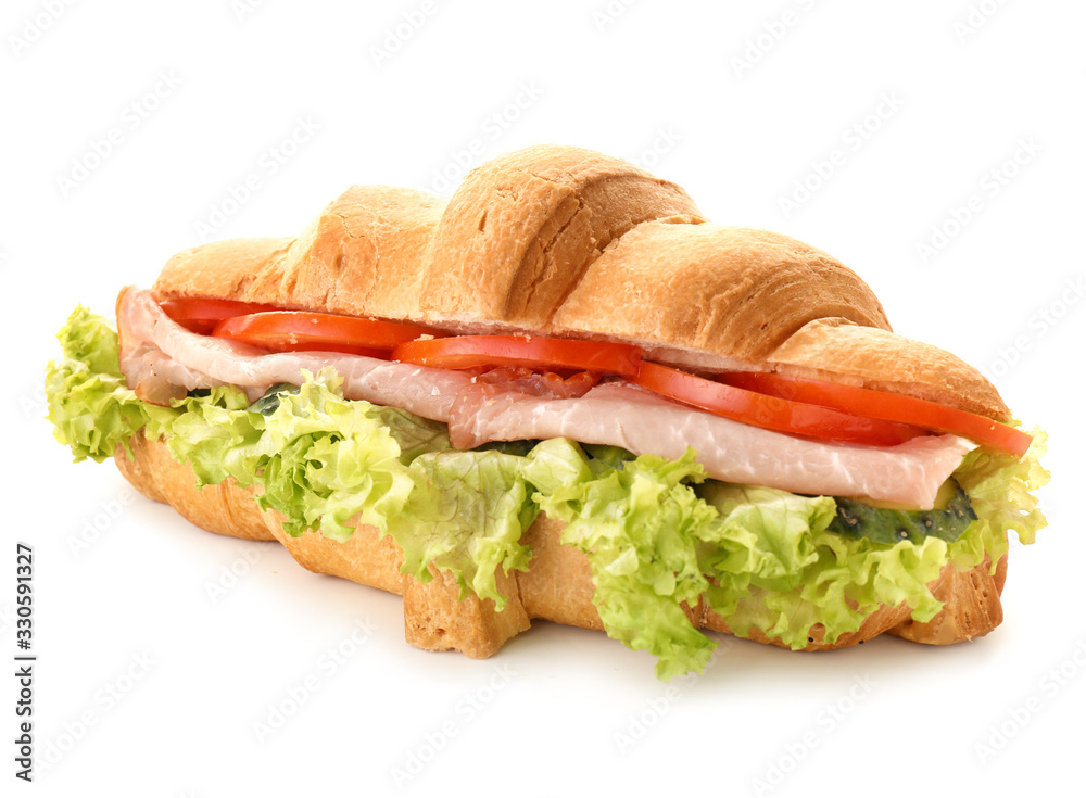 Tasty croissant sandwich on white background