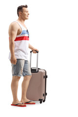 Poster - Male tourist with a suitcase on a summer holiday