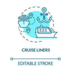 Sticker - Cruise liners turquoise concept icon. Marine tourism with passenger ship. Trip with water vessel. Boat voyage idea thin line illustration. Vector isolated outline RGB color drawing. Editable stroke