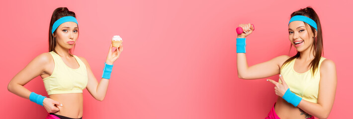 collage of smiling sportswoman with dumbbell pointing with finger, and upset girl holding cupcake on pink background, panoramic shot