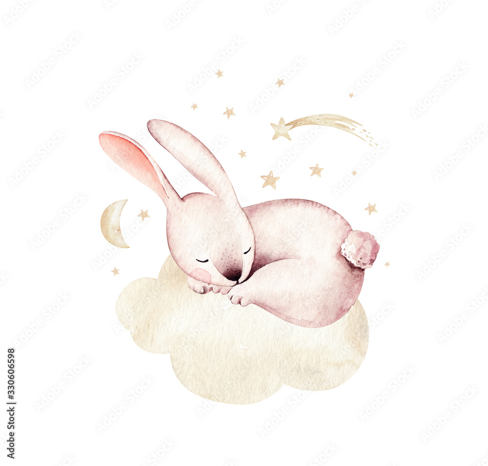 Watercolor Happy Easter baby bunnies design with spring blossom flower. Rabbit bunny kids illustration isolated.  cartoon forest hare animal bunny holiday funny decoration. Nursery poster design. - obrazy, fototapety, plakaty 