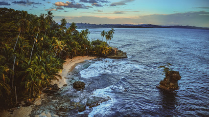 Wall Mural - Beautiful shot of a wild nature of exotic island with green palms and sand surrounded by transparent turquoise ocean water