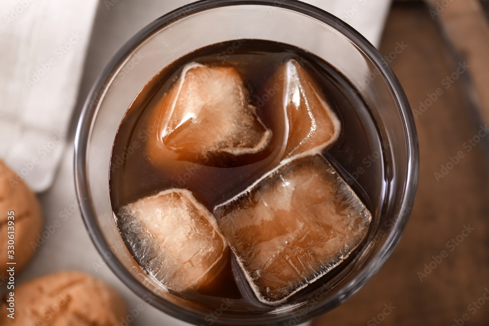 Glass of tasty iced coffee, closeup