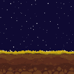 Wall Mural - Pixel art game night background. Ground, grass, sky, stars and clouds. Pixel art. Game Design. 8 bit. 