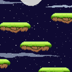 Pixel art game night background. Ground, grass, sky, stars and clouds. Pixel art. Game Design. 8 bit. 