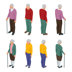 Isometric senior couple. Group of senior people isolated on white. Elderly woman and man. Aged people. Grandparents