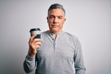 Poster - Middle age handsome grey-haired man drinking cup of coffee over isolated white background with a confident expression on smart face thinking serious