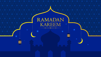 Poster - Ramadan kareem eastern pattern mosque lamps moon stars blue yellow illustration background