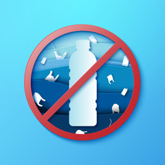 Wall Mural - stop ocean plastic pollution sign paper art style.ecology and ocean environment concept.vector illus
